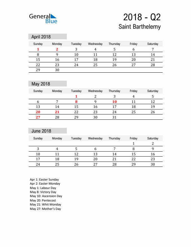 Saint Barthelemy Quarter 2 2018 Calendar with Holidays