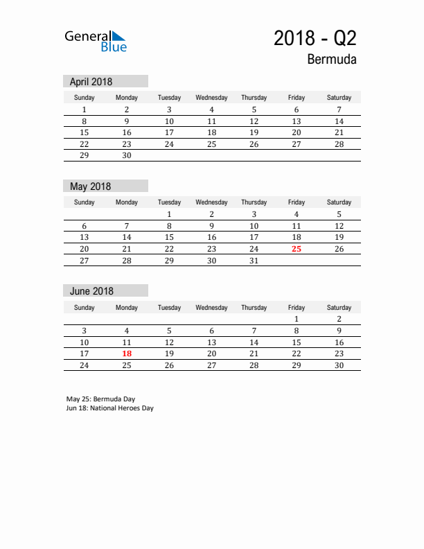 Bermuda Quarter 2 2018 Calendar with Holidays