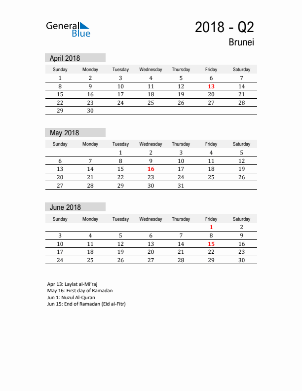 Brunei Quarter 2 2018 Calendar with Holidays