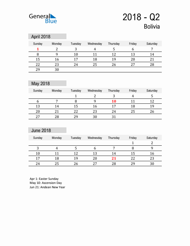 Bolivia Quarter 2 2018 Calendar with Holidays