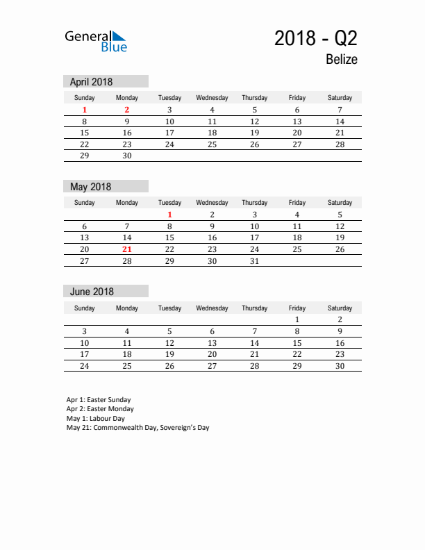 Belize Quarter 2 2018 Calendar with Holidays