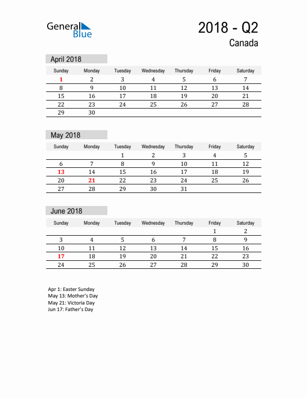 Canada Quarter 2 2018 Calendar with Holidays