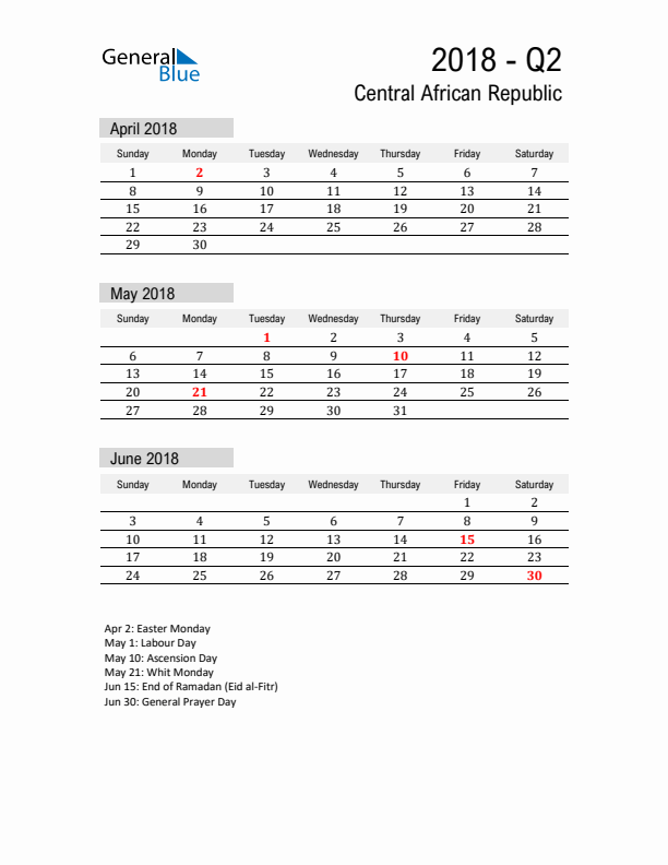 Central African Republic Quarter 2 2018 Calendar with Holidays