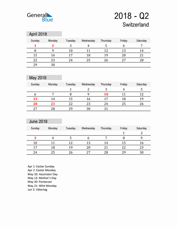 Switzerland Quarter 2 2018 Calendar with Holidays