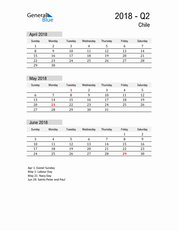 Chile Quarter 2 2018 Calendar with Holidays