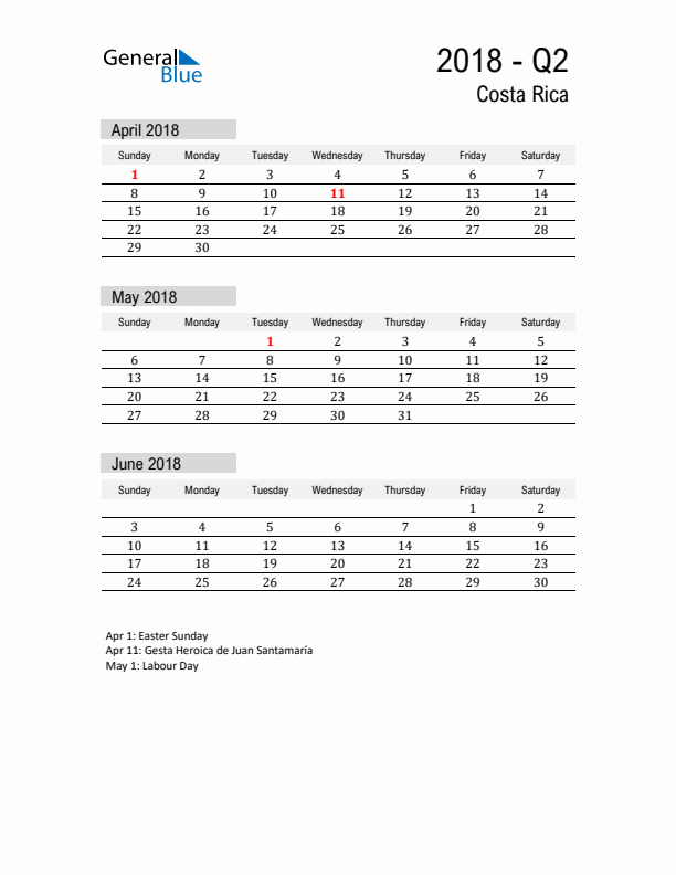 Costa Rica Quarter 2 2018 Calendar with Holidays