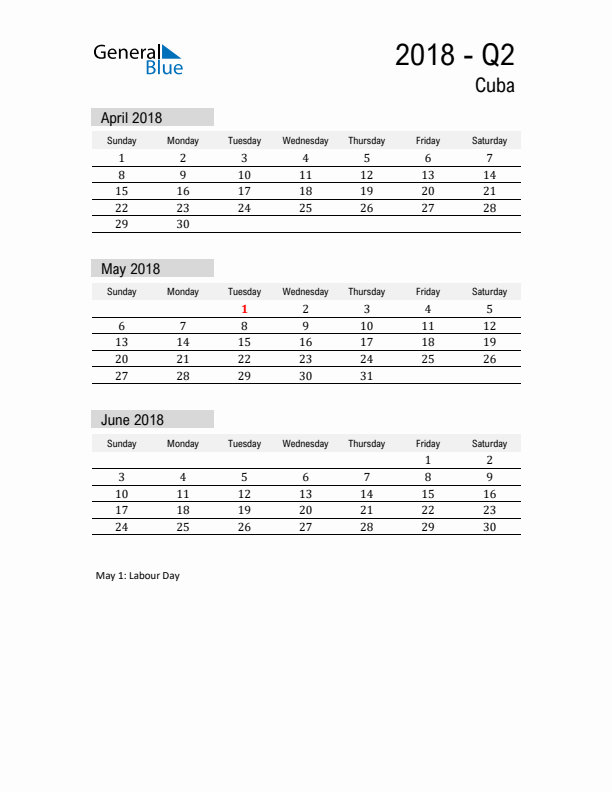 Cuba Quarter 2 2018 Calendar with Holidays