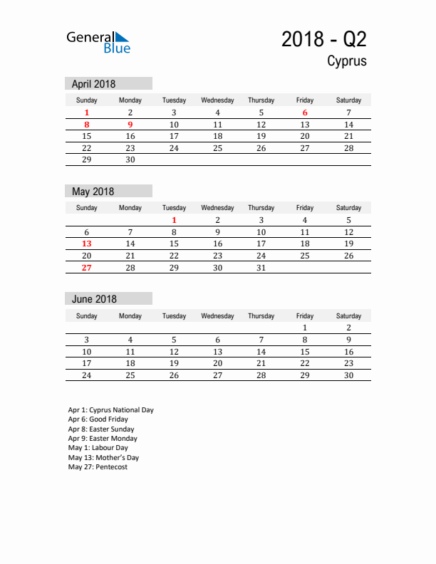 Cyprus Quarter 2 2018 Calendar with Holidays