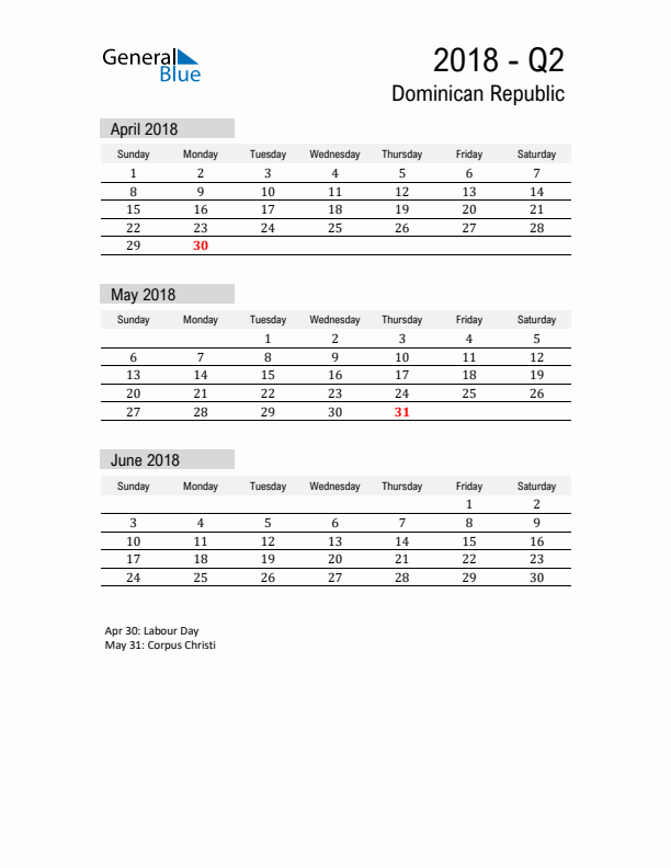 Dominican Republic Quarter 2 2018 Calendar with Holidays