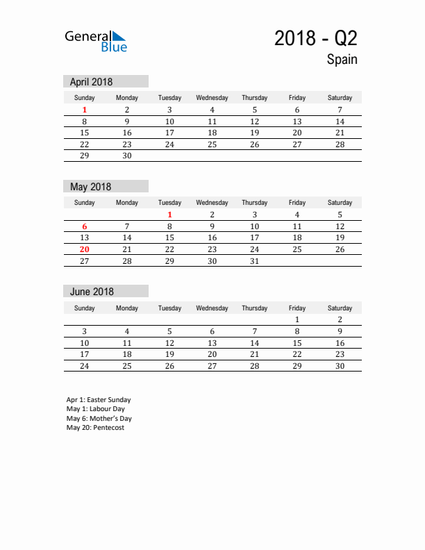 Spain Quarter 2 2018 Calendar with Holidays