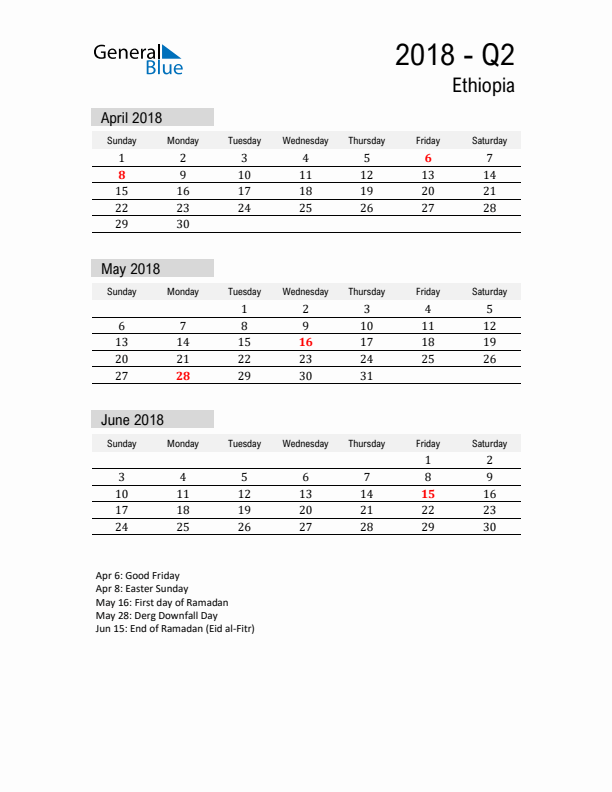 Ethiopia Quarter 2 2018 Calendar with Holidays