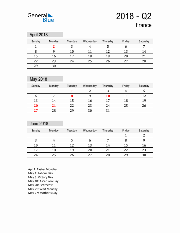 France Quarter 2 2018 Calendar with Holidays