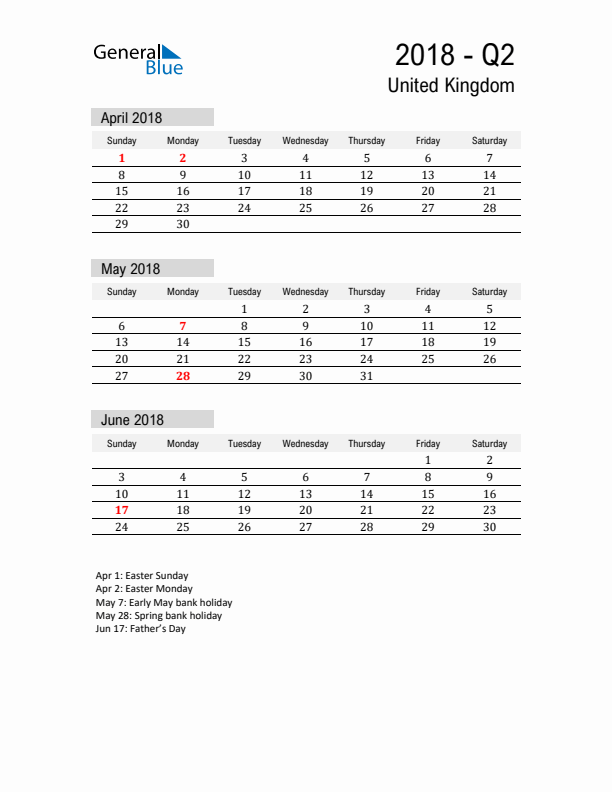 United Kingdom Quarter 2 2018 Calendar with Holidays