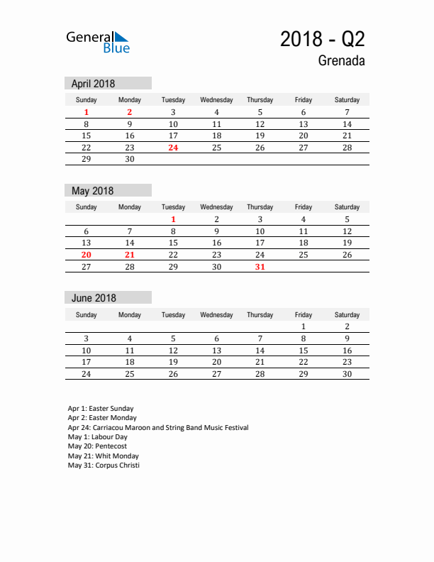 Grenada Quarter 2 2018 Calendar with Holidays