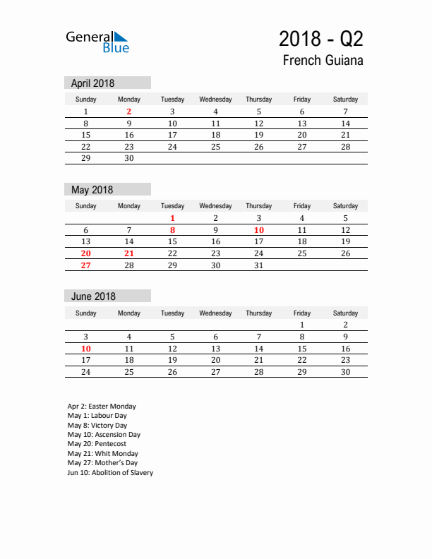 French Guiana Quarter 2 2018 Calendar with Holidays