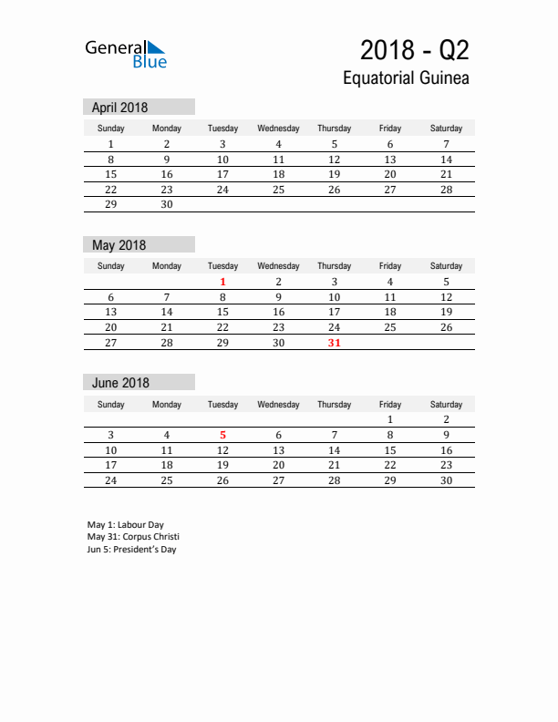 Equatorial Guinea Quarter 2 2018 Calendar with Holidays