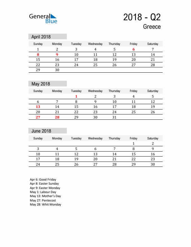 Greece Quarter 2 2018 Calendar with Holidays