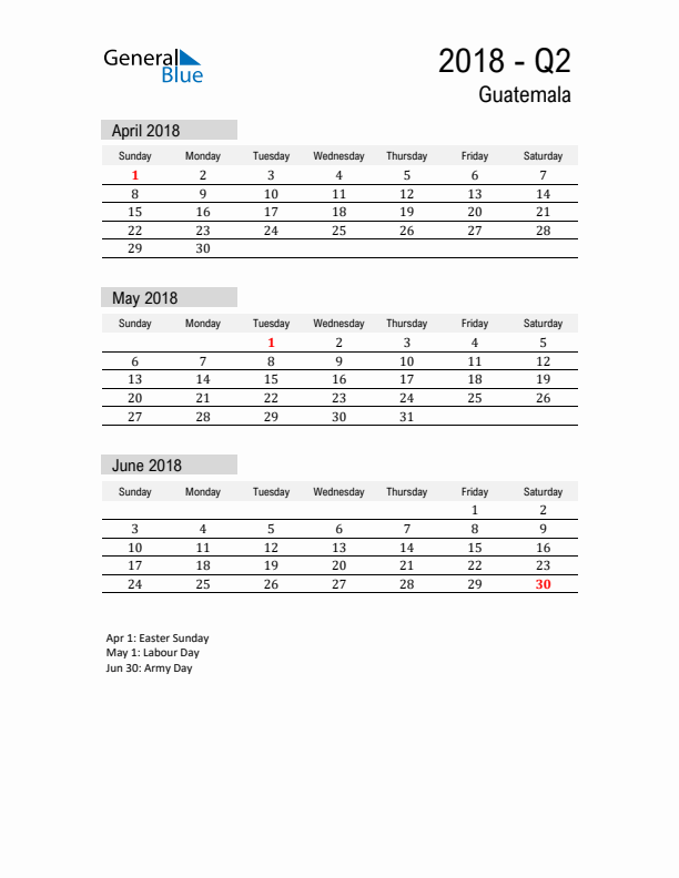 Guatemala Quarter 2 2018 Calendar with Holidays