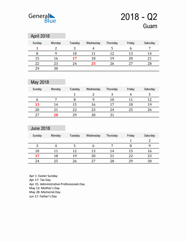 Guam Quarter 2 2018 Calendar with Holidays