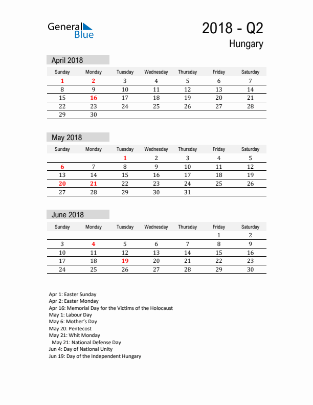 Hungary Quarter 2 2018 Calendar with Holidays