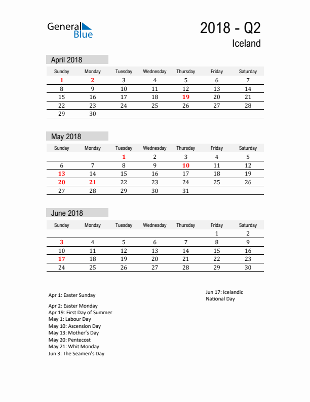 Iceland Quarter 2 2018 Calendar with Holidays