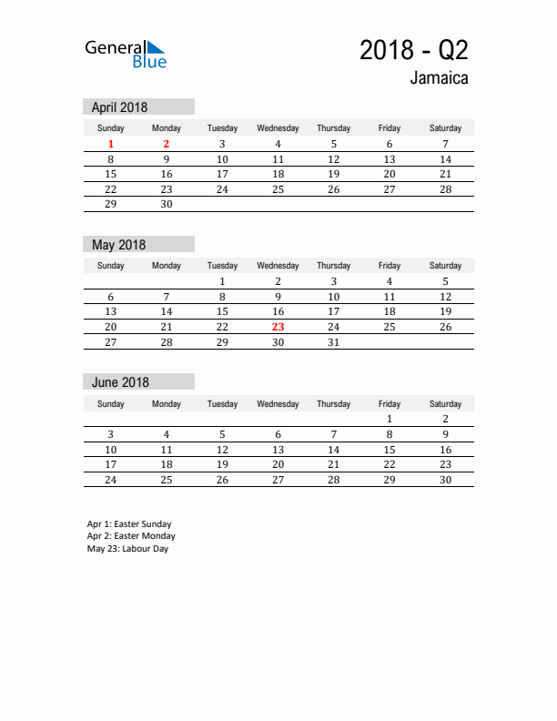 Jamaica Quarter 2 2018 Calendar with Holidays