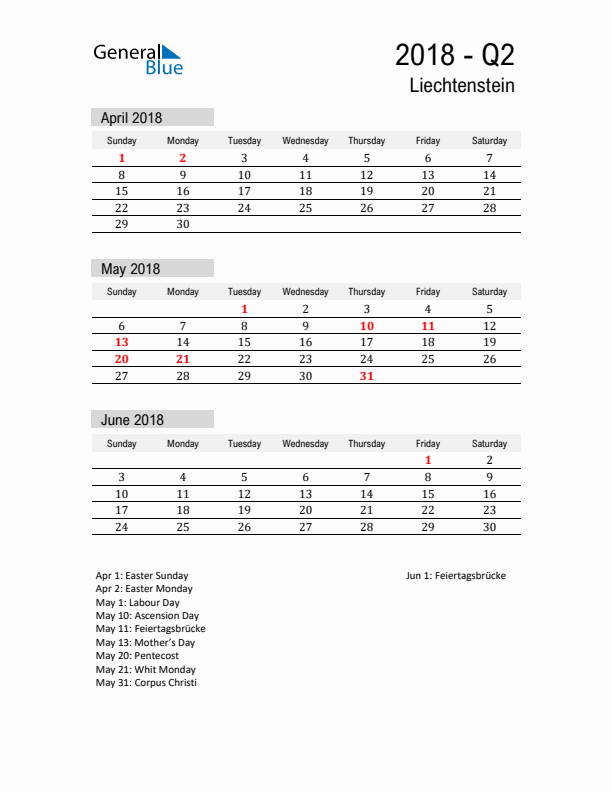 Liechtenstein Quarter 2 2018 Calendar with Holidays