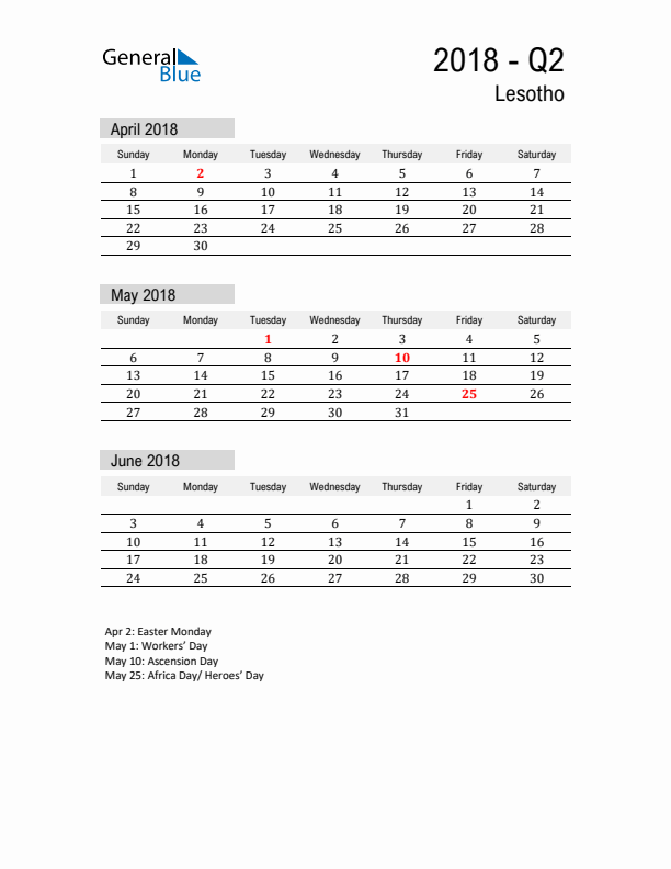 Lesotho Quarter 2 2018 Calendar with Holidays