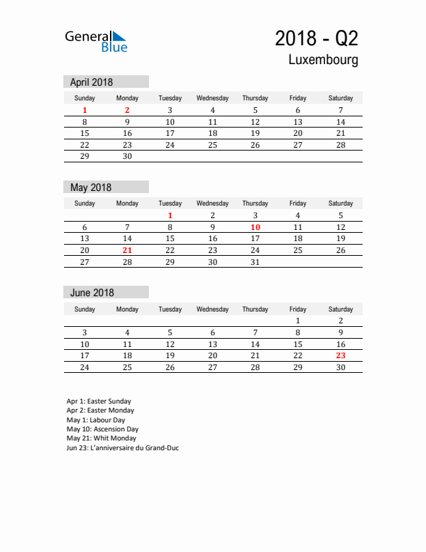 Luxembourg Quarter 2 2018 Calendar with Holidays