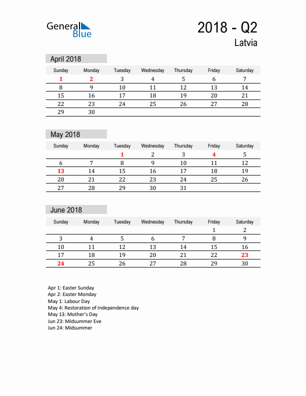 Latvia Quarter 2 2018 Calendar with Holidays