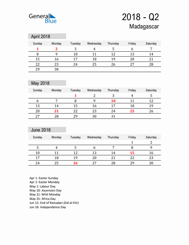 Madagascar Quarter 2 2018 Calendar with Holidays