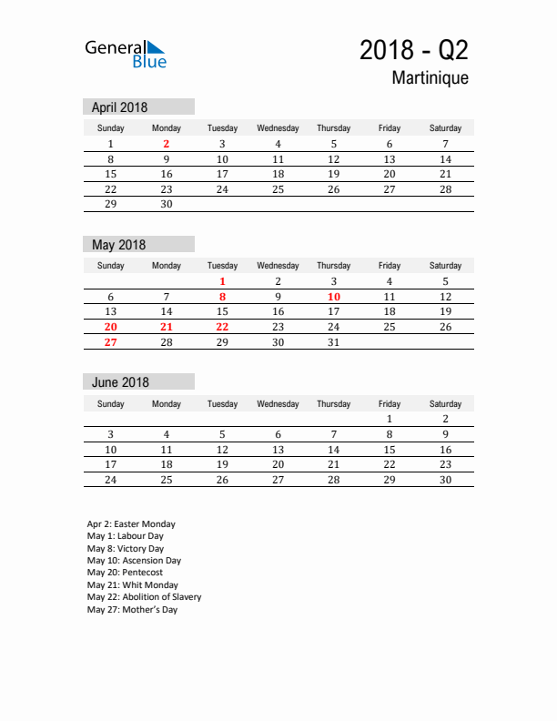 Martinique Quarter 2 2018 Calendar with Holidays