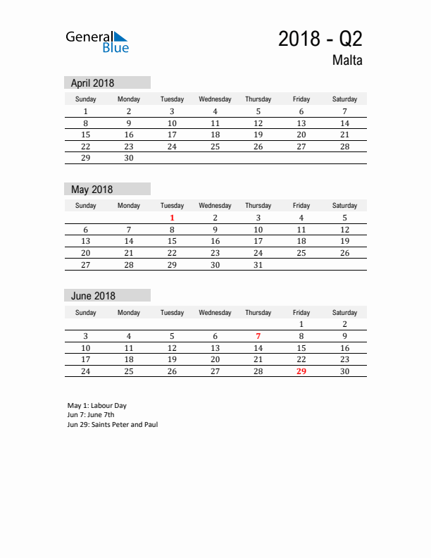 Malta Quarter 2 2018 Calendar with Holidays