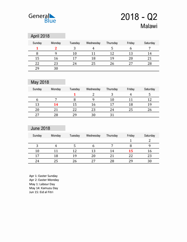 Malawi Quarter 2 2018 Calendar with Holidays