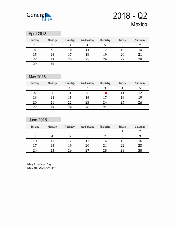 Mexico Quarter 2 2018 Calendar with Holidays