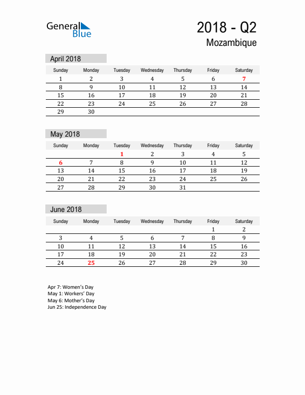 Mozambique Quarter 2 2018 Calendar with Holidays