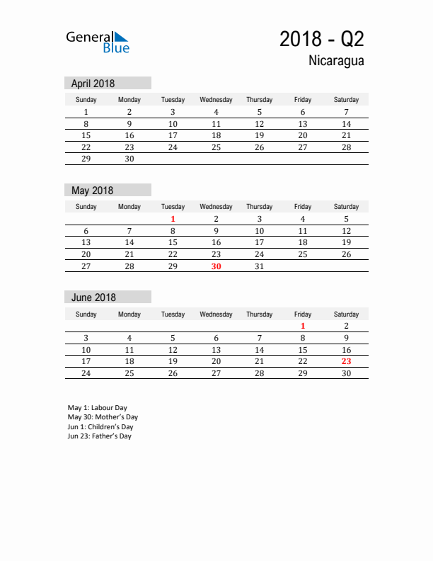 Nicaragua Quarter 2 2018 Calendar with Holidays