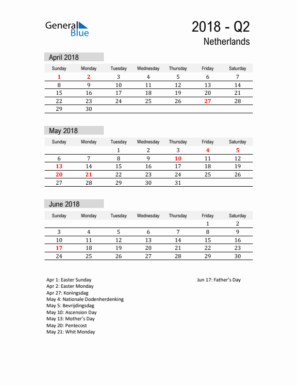 The Netherlands Quarter 2 2018 Calendar with Holidays