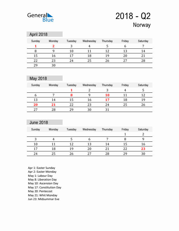 Norway Quarter 2 2018 Calendar with Holidays