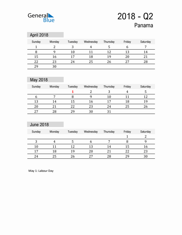 Panama Quarter 2 2018 Calendar with Holidays