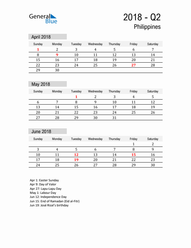 Philippines Quarter 2 2018 Calendar with Holidays