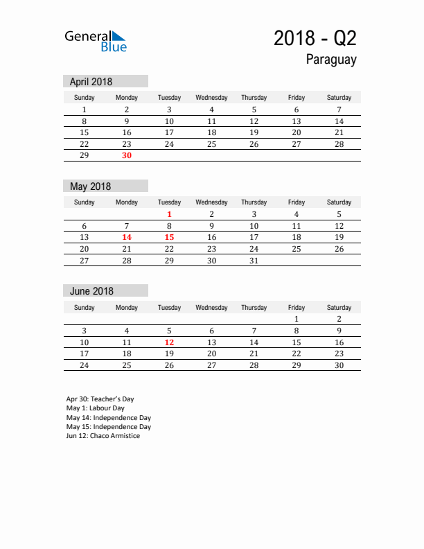 Paraguay Quarter 2 2018 Calendar with Holidays