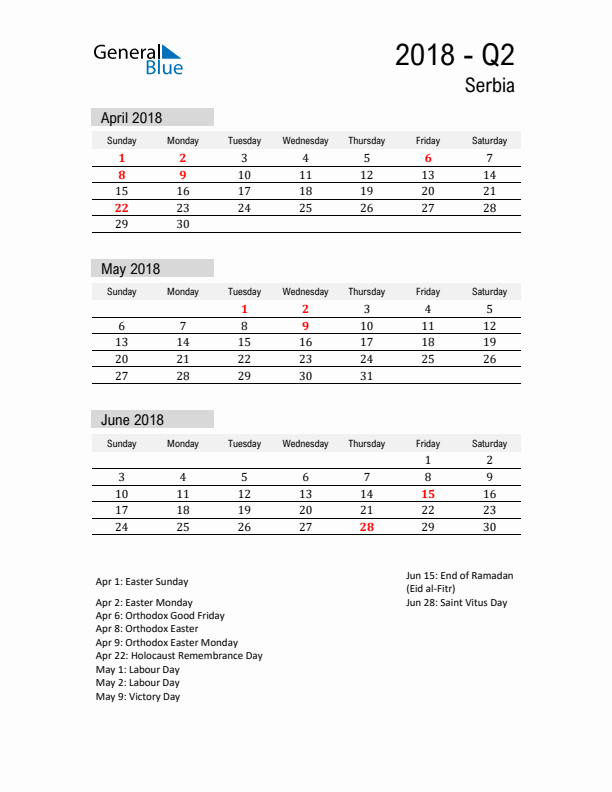 Serbia Quarter 2 2018 Calendar with Holidays