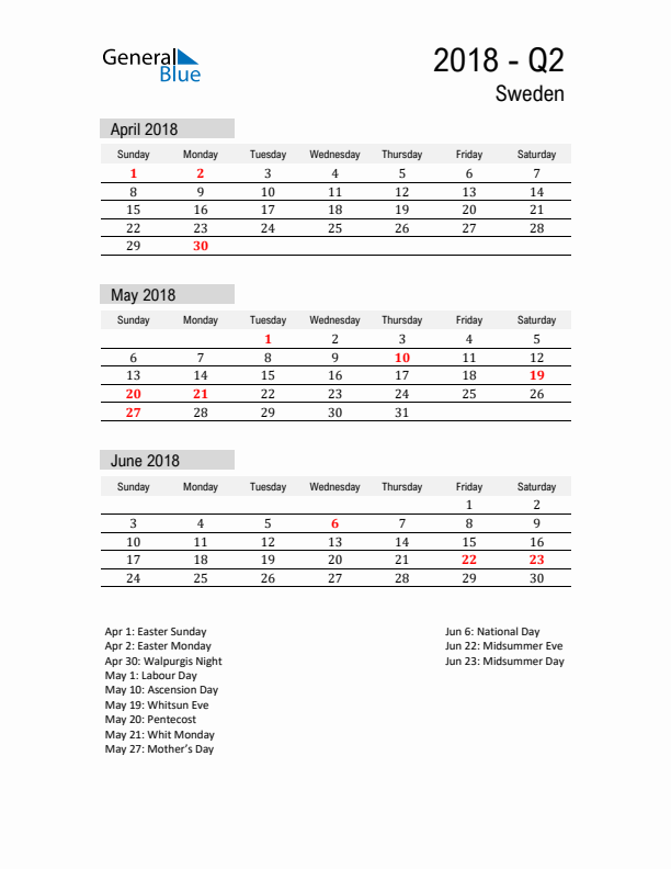 Sweden Quarter 2 2018 Calendar with Holidays