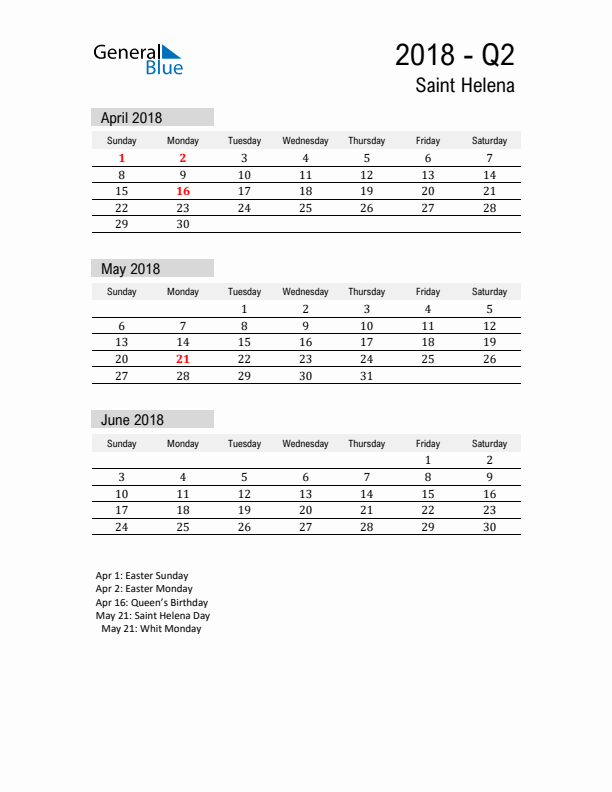 Saint Helena Quarter 2 2018 Calendar with Holidays