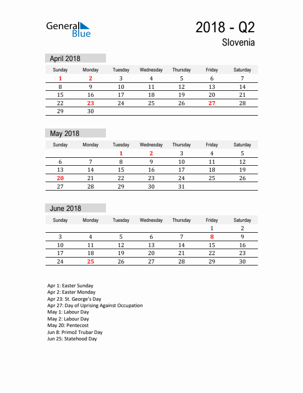 Slovenia Quarter 2 2018 Calendar with Holidays