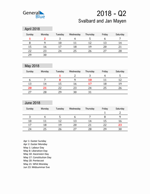 Svalbard and Jan Mayen Quarter 2 2018 Calendar with Holidays