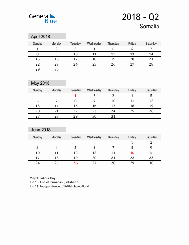 Somalia Quarter 2 2018 Calendar with Holidays