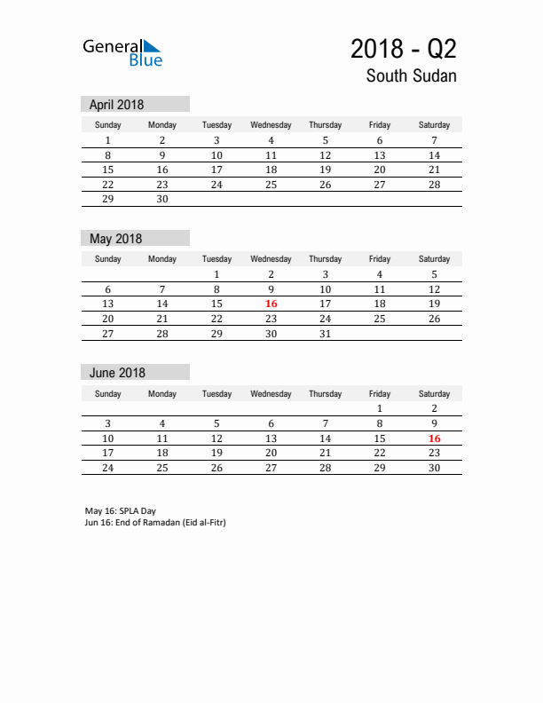 South Sudan Quarter 2 2018 Calendar with Holidays