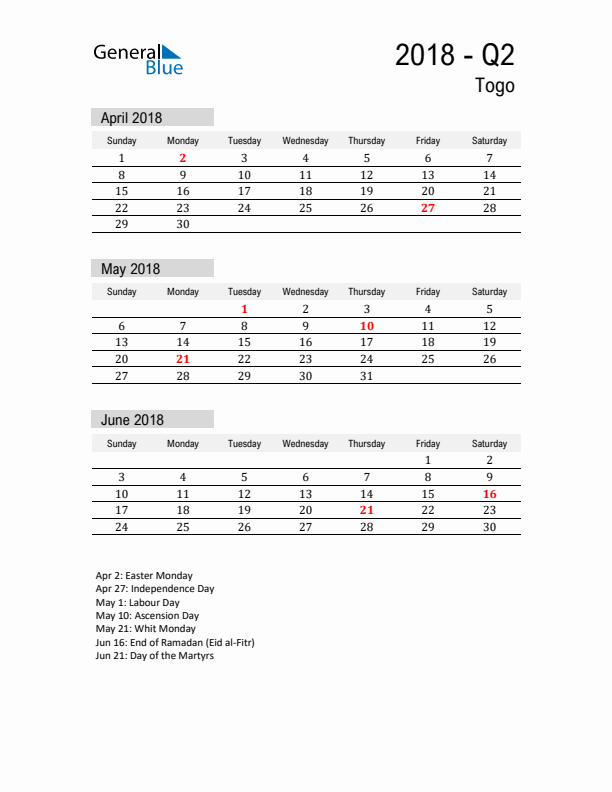 Togo Quarter 2 2018 Calendar with Holidays